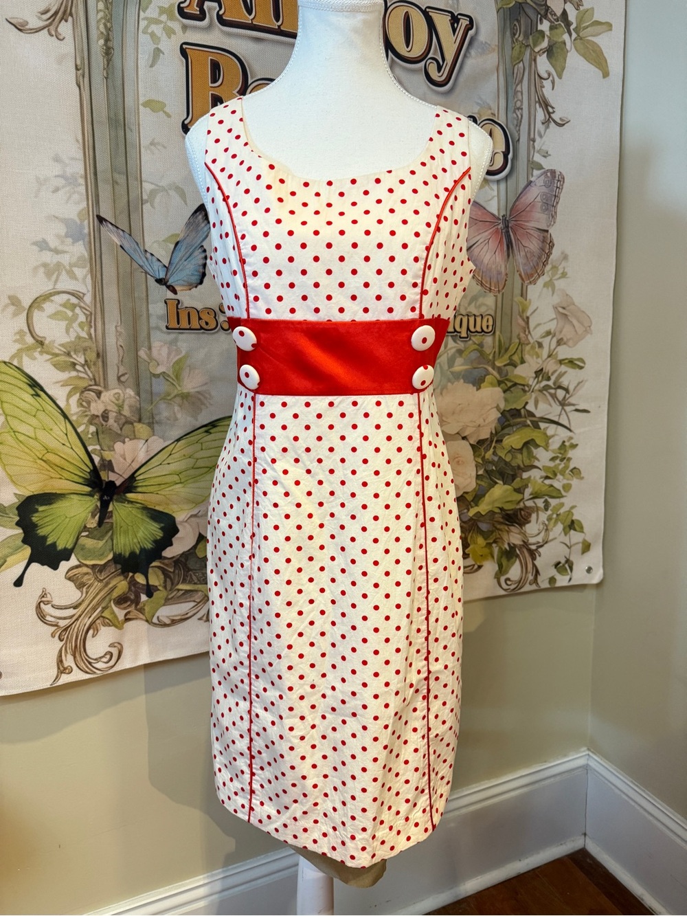 Red Polka Dot Sleeveless Dress with Waist Sash
